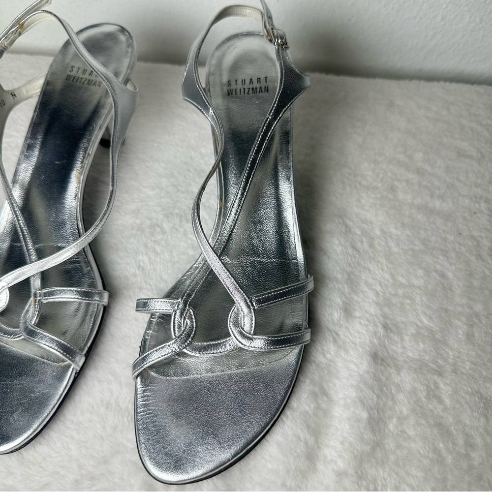 Stuart Weitzman Made in Spain  Silver Satin Strappy Leather Sole Heels Size 10 - Picture 4 of 15